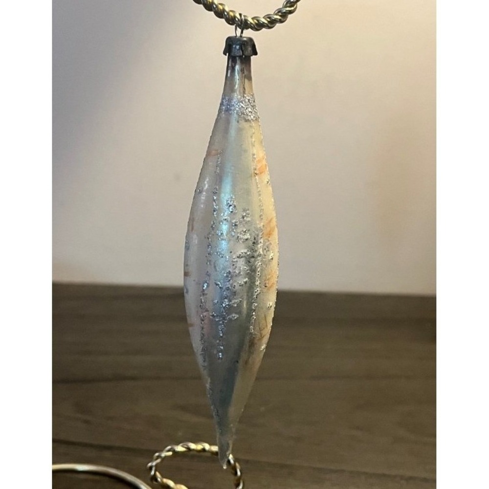 Vintage Poland 5.5" Glass Icicle Christmas Ornament Silver Glitter Mica